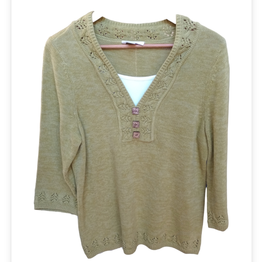 CHRISTOPHER & BANKS Green V-Neck 100% Cotton Sweater with Insert Size M